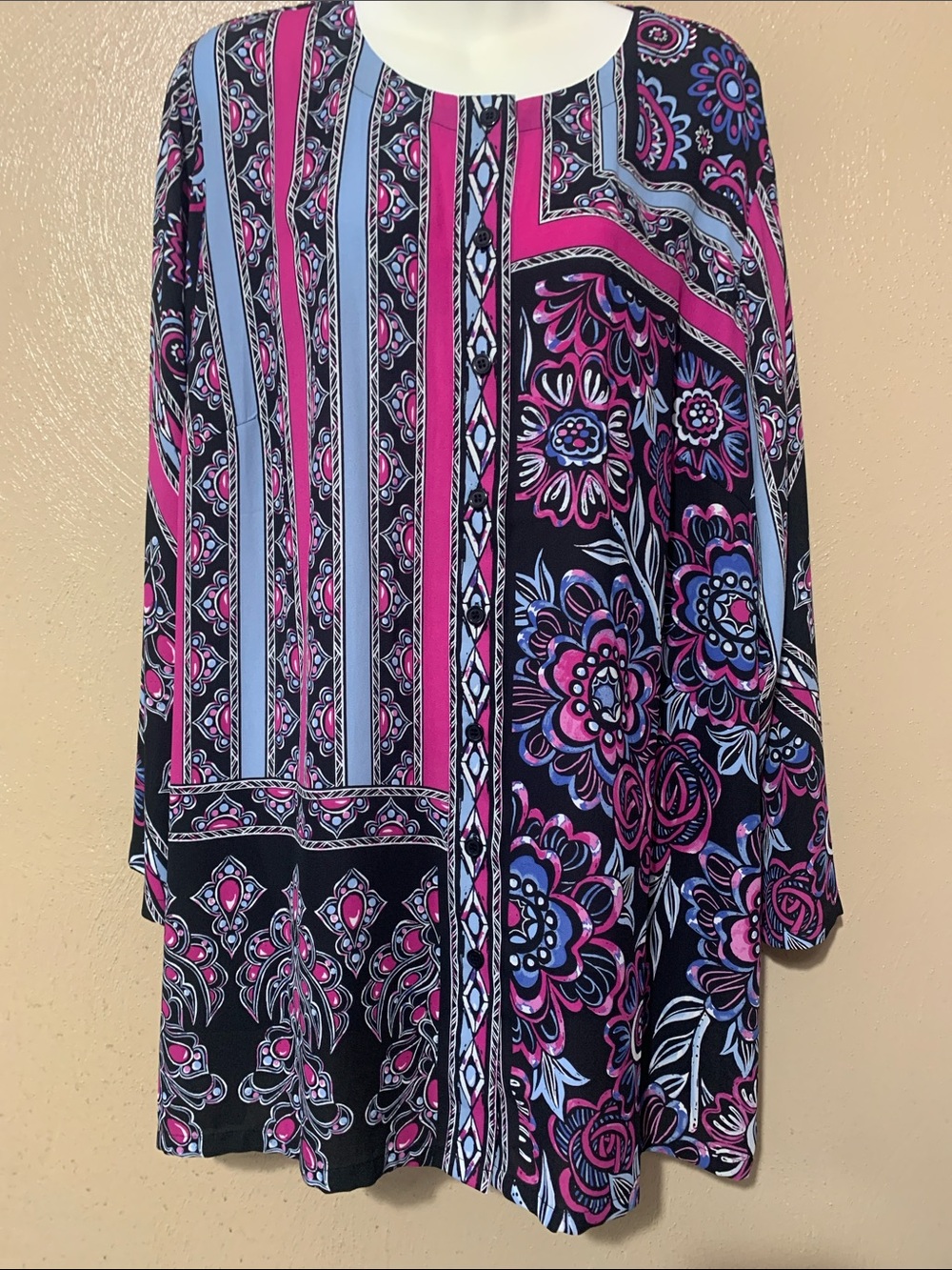 Bob Mackie Black Tunic with Pink & Blue Floral-Stripe Print